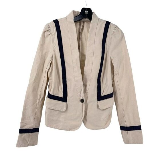 Loft Collarless Blazer Cotton Single Button Cream Navy Blue Size 10 Preppy Chic - Picture 1 of 7